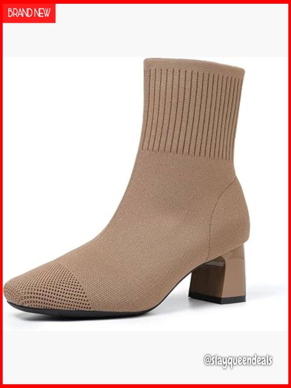 Women's Knit Ankle Boots Square Toe Chunky Heel Slip On Elastic